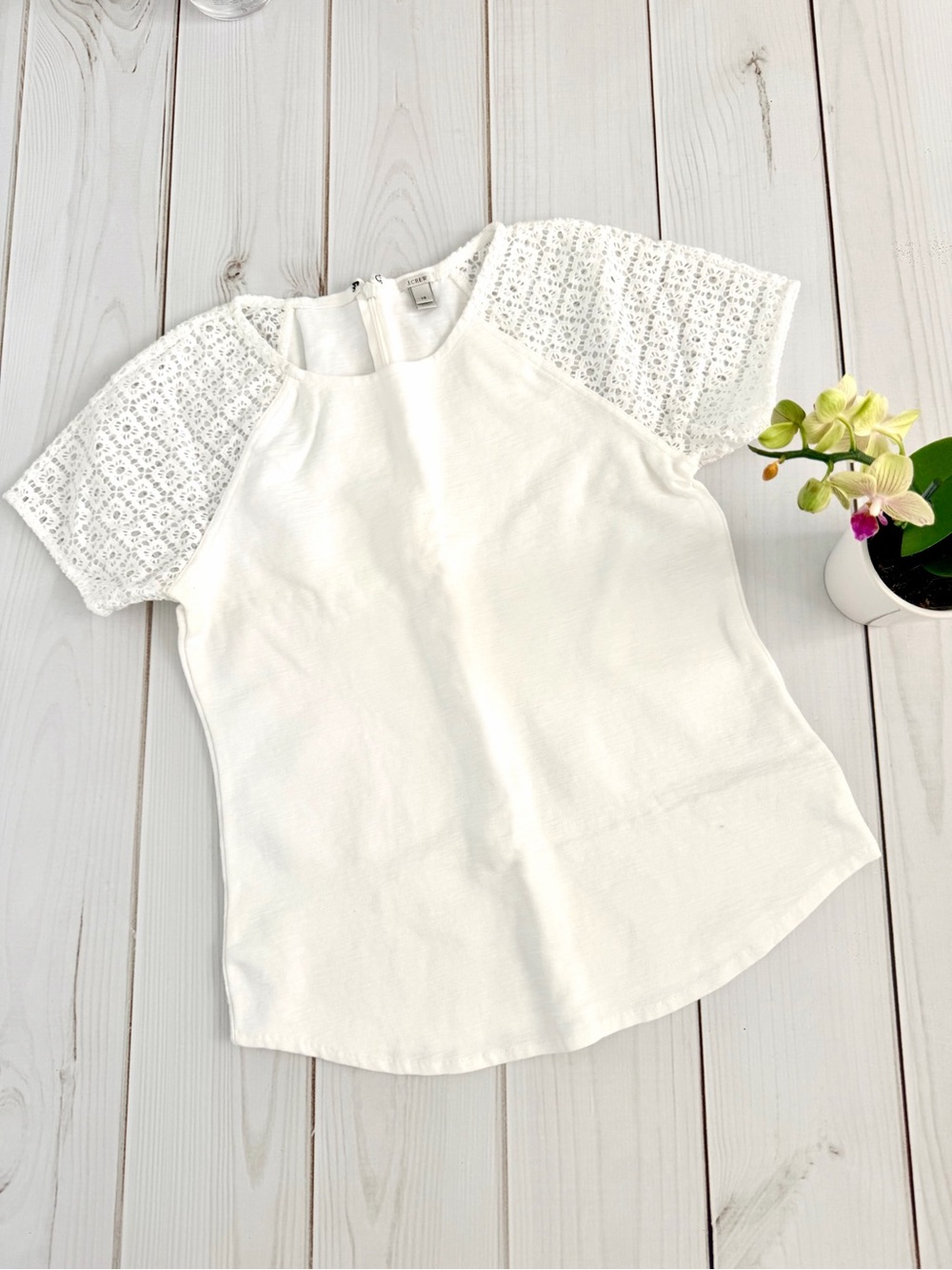 NWOT J. Crew White Lace Sleeve Women's Top